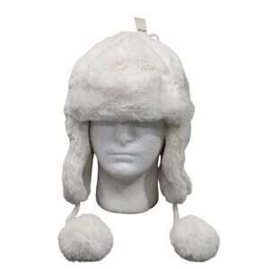 Aerie Faux Fur Trapper Hat OS White Fluffy Winter Pom Pom Beanie Y2K Cozy NWT